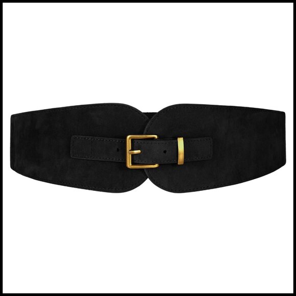 Wide Elastic Suede Belt Vintage Gold Buckle Stretchy Cinch Dress Belt main image 7